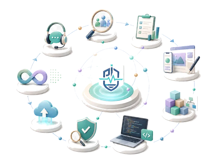 PulseHarbor software capabilities ecosystem including design, support, cloud, security, and development