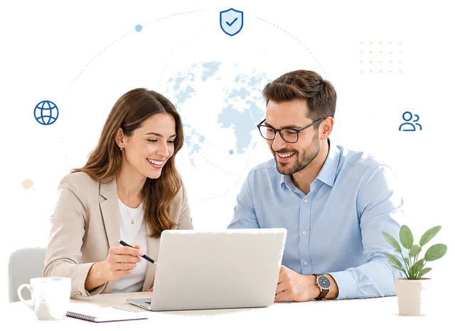 Two professionals collaborating on a laptop with global and security symbols