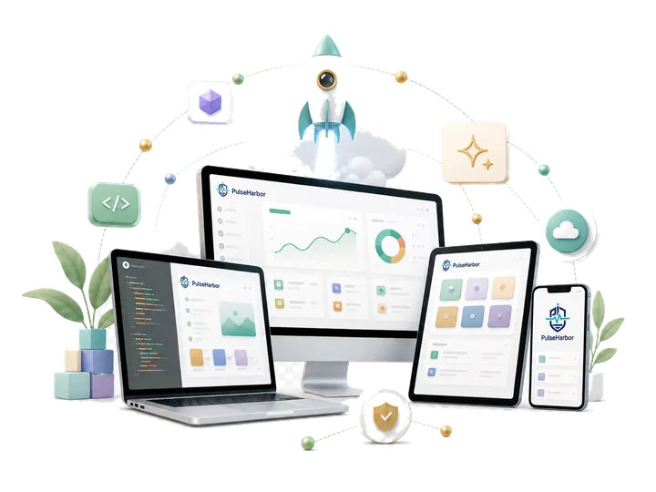PulseHarbor software products displayed across desktop, laptop, tablet, and mobile devices